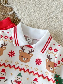 SHEIN 2件組男嬰 Polo 上衣褲套裝，甜美紅白色馴鹿雪人樹圖案，長袖翻領毛絨，冬季節日派對秋季費爾島風 - 紅色 - 查看 7