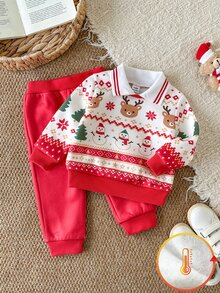 SHEIN 2件組男嬰 Polo 上衣褲套裝，甜美紅白色馴鹿雪人樹圖案，長袖翻領毛絨，冬季節日派對秋季費爾島風 - 紅色 - 查看 4