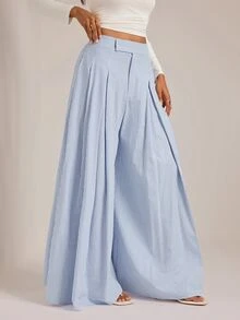 SHEIN Tall 高個穆斯林女性藍色條紋百褶寬腿長褲－休閒工作裝 - 藍色 - 查看 3
