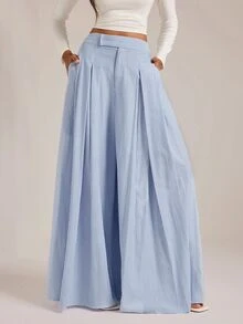 SHEIN Tall 高個穆斯林女性藍色條紋百褶寬腿長褲－休閒工作裝 - 藍色 - 查看 7