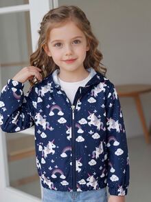 SHEIN Vintaside Kids 女童卡通印花連帽外套 冬季新款 秋冬款 萬聖節/聖誕節 1歲生日 粉色仙女風 - 藏蓝色 - 查看 4