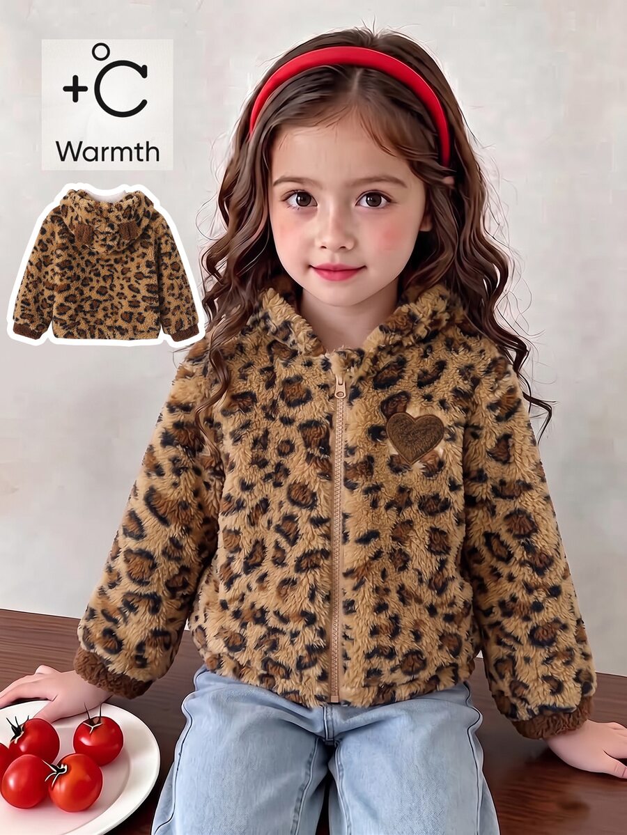 SHEIN Genkimix Kids 女童秋冬休閒時尚豹紋抓絨拉鍊連帽外套開襟衫,萬聖節/聖誕節,仙女風 - 棕色 - 查看 1