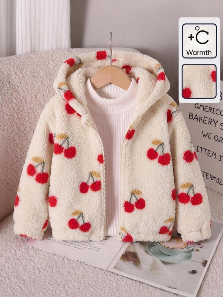 Girls' Fashion Minimalist White Polka Dot Comfortable Plush Hooded Long Sleeve Zip-Up Jacket, Autumn/Winter - Multicolor - View 1