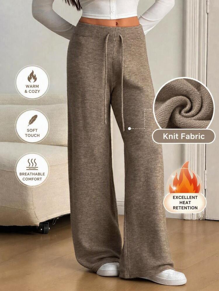 SHEIN Tall Women's Casual Solid Color Knit Pants In Fall/Winter - Khaki - View 1