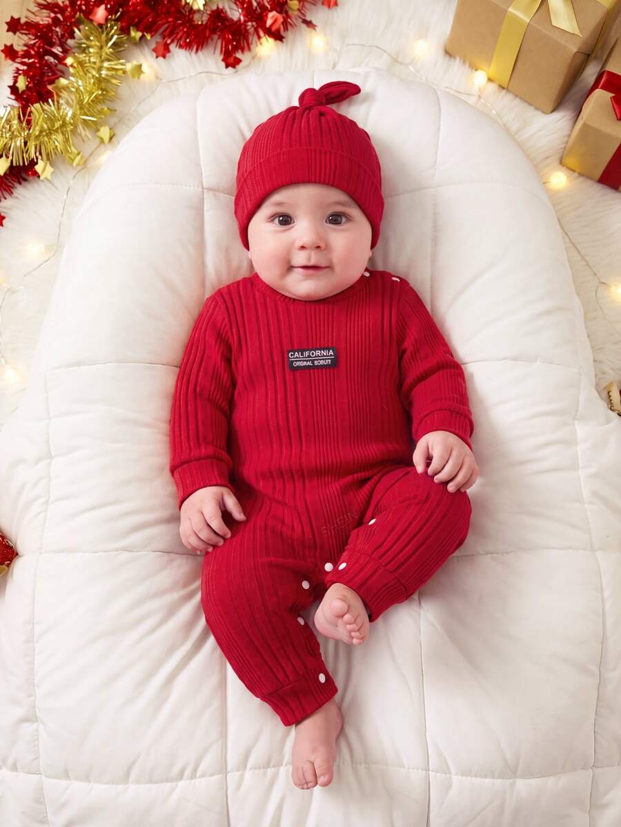 SHEIN Newborn Ribbed Knit Long Sleeve Romper With Hat Set, Red Autumn Cute Babygirl Family Matching Outfit, Infant Boy Gown, Photography Round Neck