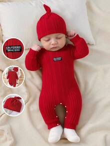 SHEIN Newborn Ribbed Knit Long Sleeve Romper With Hat Set, Red Autumn Cute Babygirl Family Matching Outfit, Infant Boy Gown, Photography Round Neck - Burgundy - View 4