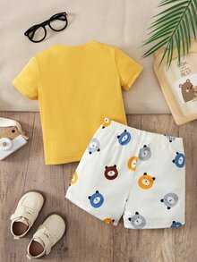 SHEIN 2件組 嬰幼兒男童卡通熊裝飾羅紋上衣 & 熊圖案短褲套裝 夏季休閒可愛海灘淡黃色男嬰服裝套裝 - 彩色 - 查看 3