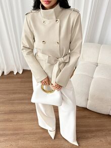 SHEIN PETITE Women's Autumn Casual Double-Breasted Belted Trench Coat - Apricot - View 8