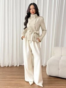 SHEIN PETITE Women's Autumn Casual Double-Breasted Belted Trench Coat - Apricot - View 3