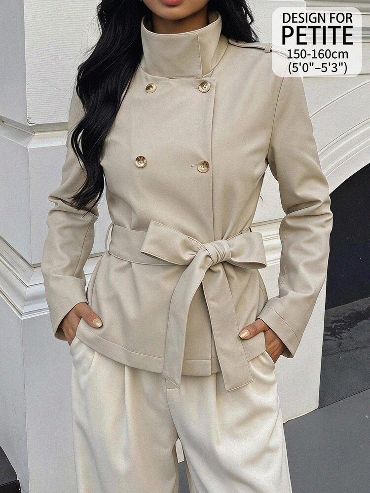 SHEIN PETITE Women's Autumn Casual Double-Breasted Belted Trench Coat - Apricot - View 5