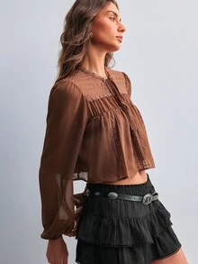 Willow Rêve Women's Coffee Brown Cropped Chiffon Blouse,Contrast Lace,Textured Yoke,V-Neck,Lantern Sleeves,Boho Autumn For Brunch,Vacation,Women Classy Tops - Brown - View 1