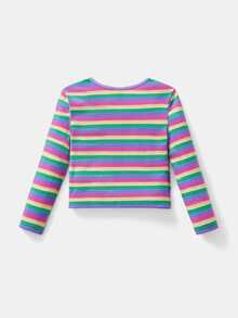 SHEIN X Care Bears Young Girl Cute Sweet Cartoon Bear Letter & Rainbow Stripe Print Long Sleeve T-Shirt, Suitable For Spring, Autumn & Winter - Multicolor - View 2