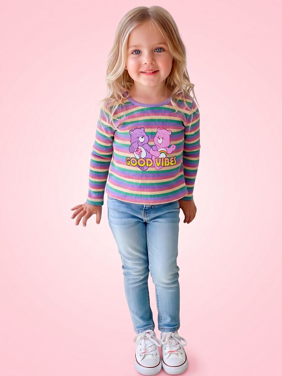 SHEIN X Care Bears Young Girl Cute Sweet Cartoon Bear Letter & Rainbow Stripe Print Long Sleeve T-Shirt, Suitable For Spring, Autumn & Winter - Multicolor - View 1