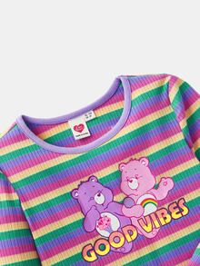 SHEIN X Care Bears Young Girl Cute Sweet Cartoon Bear Letter & Rainbow Stripe Print Long Sleeve T-Shirt, Suitable For Spring, Autumn & Winter - Multicolor - View 5
