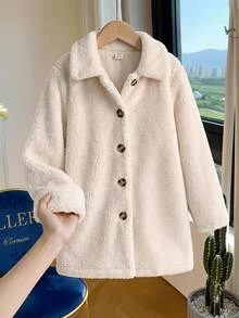 SHEIN 少女極簡小翻領法蘭絨長版保暖內裡加厚外套，秋冬/四季皆宜 - 米色 - 查看 2