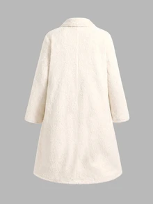 SHEIN 少女極簡小翻領法蘭絨長版保暖內裡加厚外套，秋冬/四季皆宜 - 米色 - 查看 6