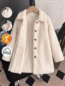 SHEIN 少女極簡小翻領法蘭絨長版保暖內裡加厚外套，秋冬/四季皆宜 - 米色 - 查看 3