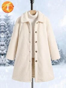 SHEIN 少女極簡小翻領法蘭絨長版保暖內裡加厚外套，秋冬/四季皆宜 - 米色 - 查看 5