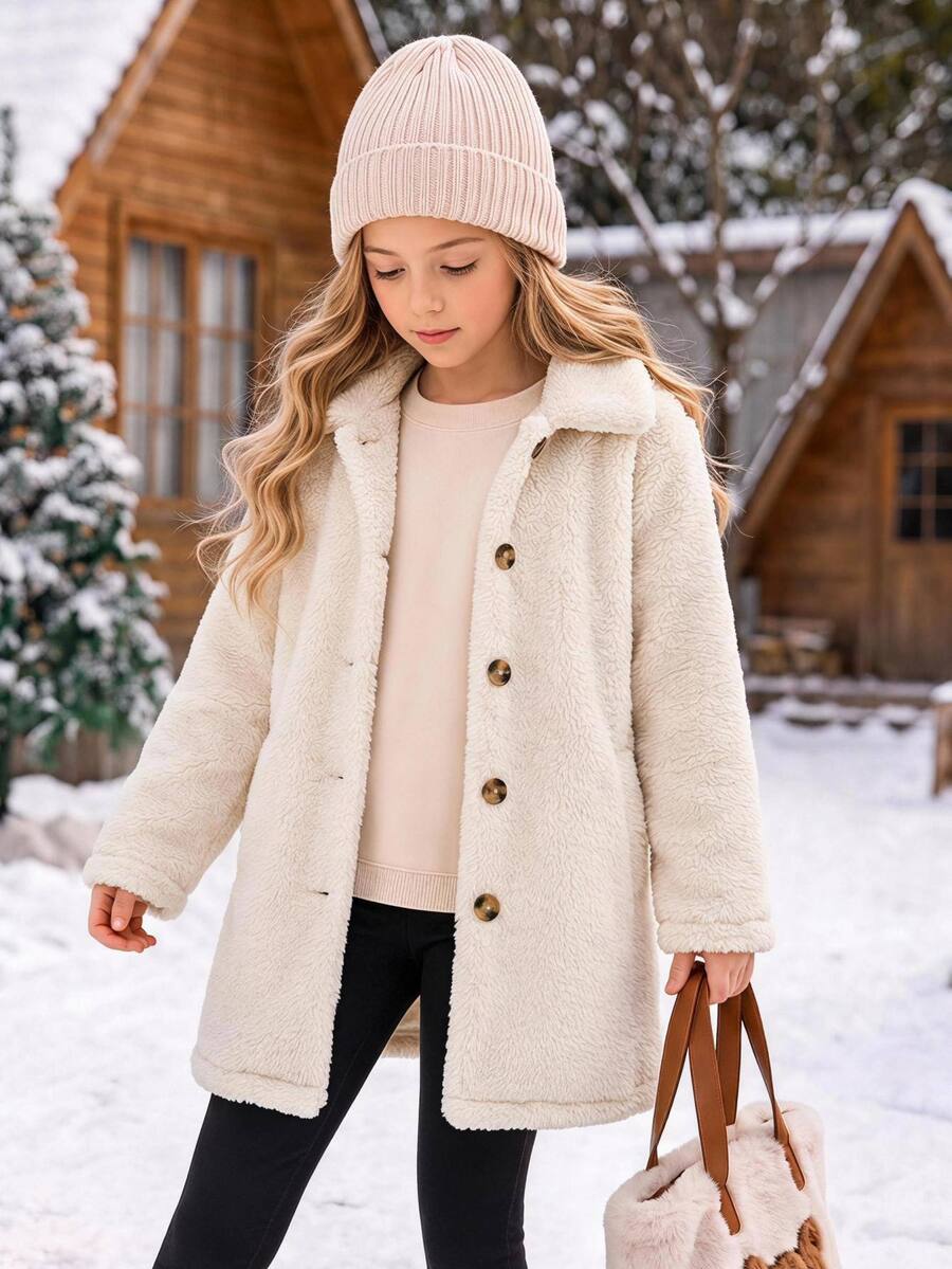 SHEIN 少女極簡小翻領法蘭絨長版保暖內裡加厚外套,秋冬/四季皆宜 - 米色 - 查看 1