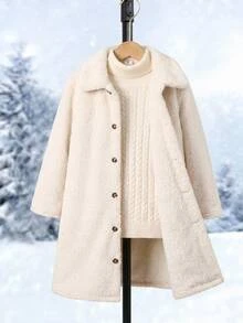 SHEIN 少女極簡小翻領法蘭絨長版保暖內裡加厚外套，秋冬/四季皆宜 - 米色 - 查看 4