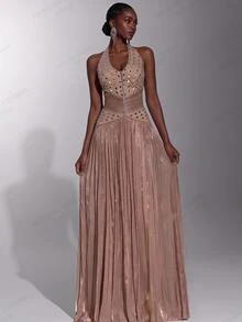 Elitara Elegant Luxurious Heavy Rhinestone Embellished Strapless Ruched Diamond Chain Decor Patchwork Shiny Fabric V-Waist Slimming A-Line Skirt Sexy V-Neck Bustier Suitable For Wedding Events Bachelor Party Vacation Ball Evening Gala Dress (Heavy Work Style) - Camel - View 2