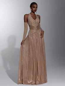 Elitara Elegant Luxurious Heavy Rhinestone Embellished Strapless Ruched Diamond Chain Decor Patchwork Shiny Fabric V-Waist Slimming A-Line Skirt Sexy V-Neck Bustier Suitable For Wedding Events Bachelor Party Vacation Ball Evening Gala Dress (Heavy Work Style) - Camel - View 4