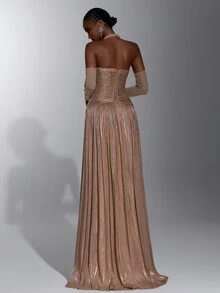 Elitara Elegant Luxurious Heavy Rhinestone Embellished Strapless Ruched Diamond Chain Decor Patchwork Shiny Fabric V-Waist Slimming A-Line Skirt Sexy V-Neck Bustier Suitable For Wedding Events Bachelor Party Vacation Ball Evening Gala Dress (Heavy Work Style) - Camel - View 9