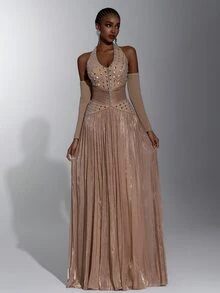 Elitara Elegant Luxurious Heavy Rhinestone Embellished Strapless Ruched Diamond Chain Decor Patchwork Shiny Fabric V-Waist Slimming A-Line Skirt Sexy V-Neck Bustier Suitable For Wedding Events Bachelor Party Vacation Ball Evening Gala Dress (Heavy Work Style) - Camel - View 8