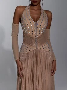 Elitara Elegant Luxurious Heavy Rhinestone Embellished Strapless Ruched Diamond Chain Decor Patchwork Shiny Fabric V-Waist Slimming A-Line Skirt Sexy V-Neck Bustier Suitable For Wedding Events Bachelor Party Vacation Ball Evening Gala Dress (Heavy Work Style) - Camel - View 6
