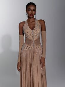 Elitara Elegant Luxurious Heavy Rhinestone Embellished Strapless Ruched Diamond Chain Decor Patchwork Shiny Fabric V-Waist Slimming A-Line Skirt Sexy V-Neck Bustier Suitable For Wedding Events Bachelor Party Vacation Ball Evening Gala Dress (Heavy Work Style) - Camel - View 3