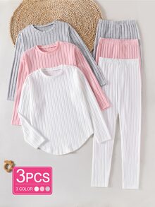SHEIN 大女孩羅紋針織T恤與長褲3件套 6件裝休閒純色長袖圓領灰色、粉色、白色三色搭配套裝 - 彩色 - 查看 9