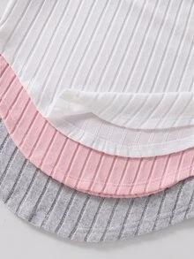 SHEIN 大女孩羅紋針織T恤與長褲3件套 6件裝休閒純色長袖圓領灰色、粉色、白色三色搭配套裝 - 彩色 - 查看 3