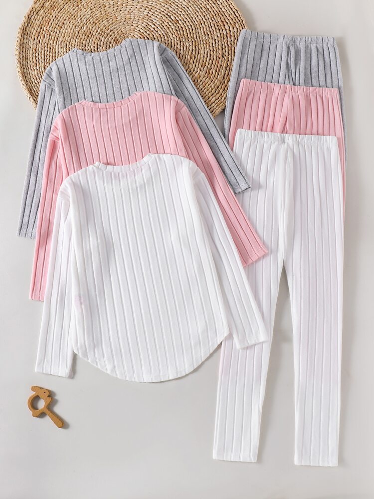 SHEIN Big Girls Ribbed Knit T-Shirt & Long Pants 3-Piece Set 6pcs Casual Solid Color Long Sleeve Crew Neck Grey, Pink, White Three-Color Matching Outfit - Multicolor - View 2