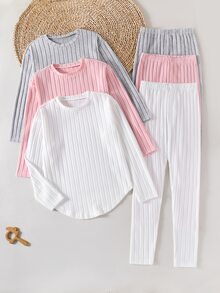 SHEIN 大女孩羅紋針織T恤與長褲3件套 6件裝休閒純色長袖圓領灰色、粉色、白色三色搭配套裝 - 彩色 - 查看 4