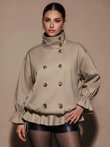 SHEIN BAE CURVE Plus Size Women's Khaki Double-Breasted Loose Fit Jacket Fall - Khaki - View 8