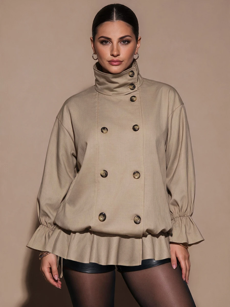 SHEIN BAE CURVE Plus Size Women's Khaki Double-Breasted Loose Fit Jacket Fall - Khaki - View 1