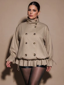 SHEIN BAE CURVE Plus Size Women's Khaki Double-Breasted Loose Fit Jacket Fall - Khaki - View 5