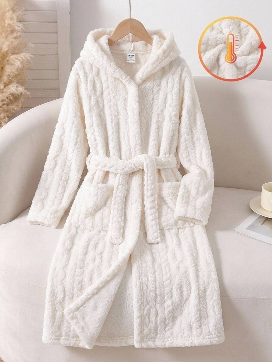 SHEIN Tween Girl Tween Girl Simple Autumn/Winter Comfortable Thermal Lined Thick Solid Color Loungewear - White - View 1