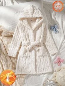 SHEIN Tween Girl 簡單秋冬舒適保暖內裡加厚純色居家服 - 白色 - 查看 4