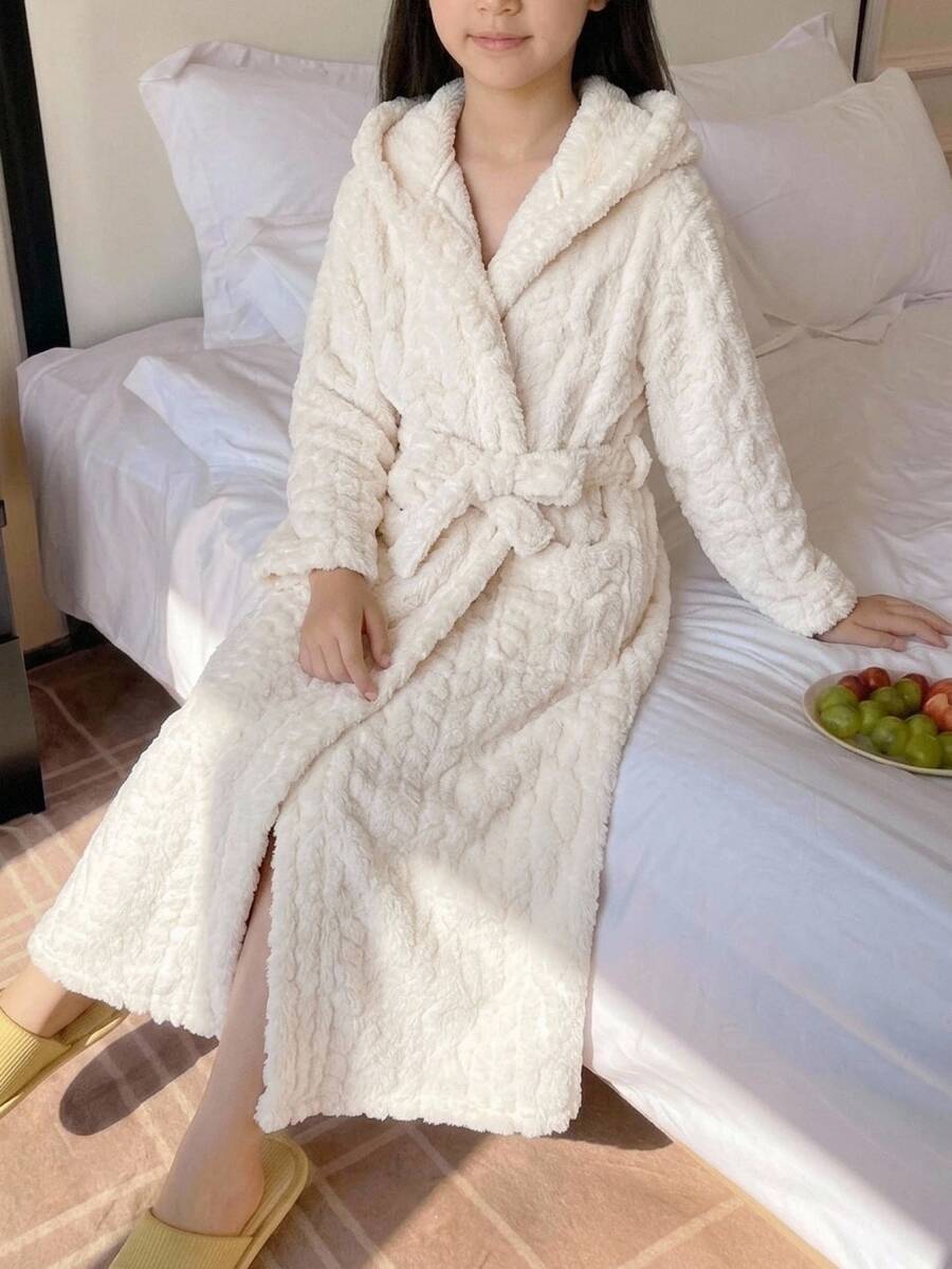 SHEIN Tween Girl 簡單秋冬舒適保暖內裡加厚純色居家服 - 白色 - 查看 1