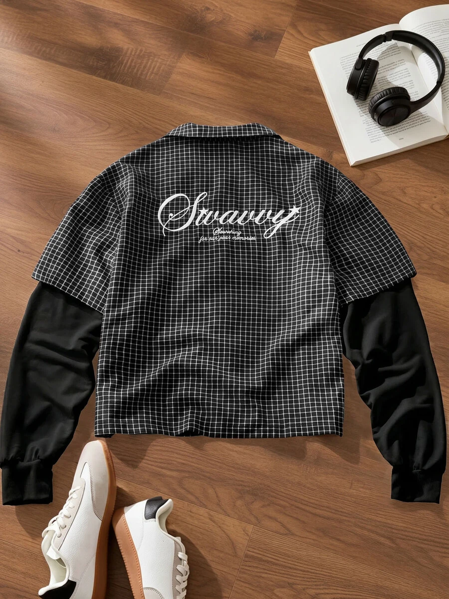 SWAVVY Camisa de hombre bordada a cuadros 2 en 1 con bloques de color - Negro - Ver 1