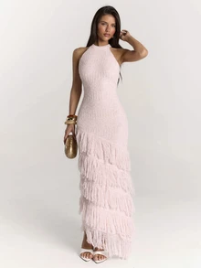 SHEIN BAE New Elegant Sleeveless Halter Neck Multi-Layer Tassel Fitted Bodycon Sweater Dress For Women, Slimming For Party And Vacation - Baby Pink - View 4