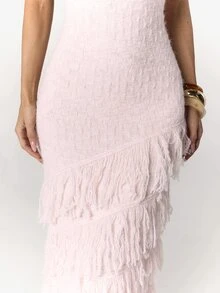 SHEIN BAE New Elegant Sleeveless Halter Neck Multi-Layer Tassel Fitted Bodycon Sweater Dress For Women, Slimming For Party And Vacation - Baby Pink - View 6