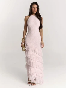 SHEIN BAE New Elegant Sleeveless Halter Neck Multi-Layer Tassel Fitted Bodycon Sweater Dress For Women, Slimming For Party And Vacation - Baby Pink - View 2