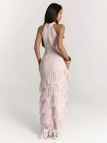 SHEIN BAE New Elegant Sleeveless Halter Neck Multi-Layer Tassel Fitted Bodycon Sweater Dress For Women, Slimming For Party And Vacation - Baby Pink - View 7