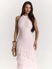 SHEIN BAE New Elegant Sleeveless Halter Neck Multi-Layer Tassel Fitted Bodycon Sweater Dress For Women, Slimming For Party And Vacation - Baby Pink - View 5