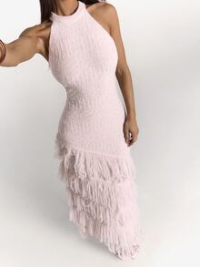 SHEIN BAE New Elegant Sleeveless Halter Neck Multi-Layer Tassel Fitted Bodycon Sweater Dress For Women, Slimming For Party And Vacation - Baby Pink - View 3