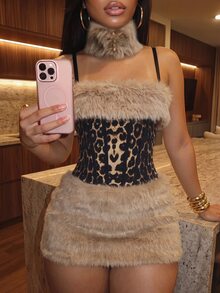 Slaydiva Leopard Sequin Fur Trim Corset Mini Dress | Strapless Faux Fur Bodycon Skirt For Club Party & Evenin - Khaki - View 7
