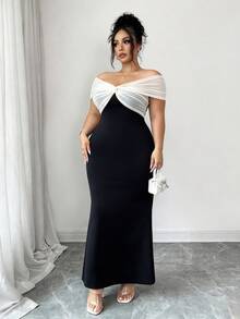 Elenzga Plus Size Elegant Commuter Colorblock Patchwork Off-Shoulder Twisted Knot Dress - Black and White - View 5