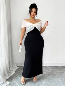 Elenzga Plus Size Elegant Commuter Colorblock Patchwork Off-Shoulder Twisted Knot Dress - Black and White - View 6